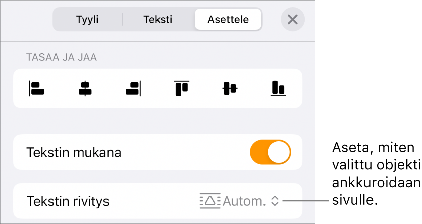 Järjestä-säätimet, joissa on Siirrä tekstin kanssa ja Tekstin rivitys.