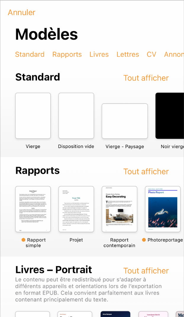 Le sélecteur de modèles affiche en haut une rangée de catégories que vous pouvez toucher pour filtrer les options. En dessous, des vignettes de modèles prédéfinis sont disposées en rangées par catégorie, en commençant en haut par Nouveau, suivi de Récents et de Standard. Un bouton « Voir tout » apparaît au-dessus et à droite de la ligne de chacune des catégories.