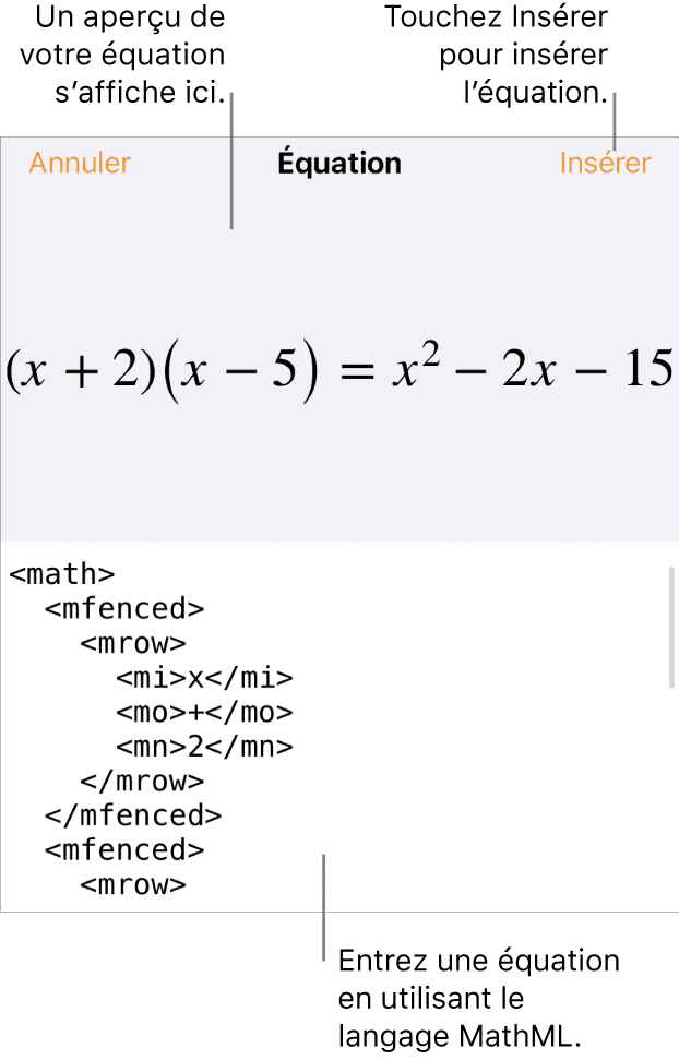 Zone de dialogue Équation, affichant une équation composée à l’aide des commandes MathML et aperçu de la formule au-dessus.