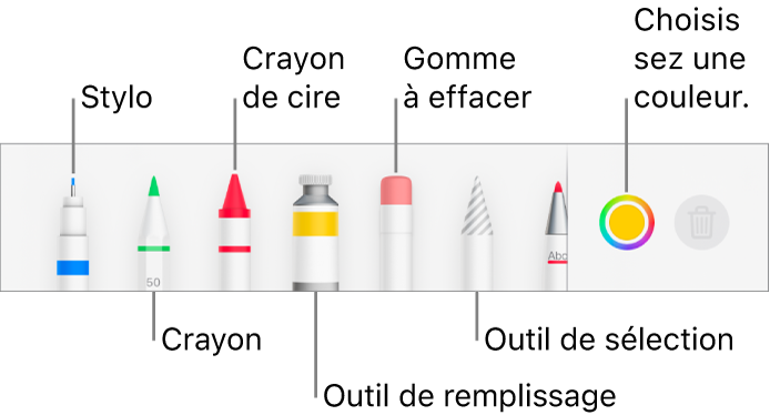 La barre d’outils de dessin dans Pages sur iPhone avec un stylo, un crayon, un crayon de cire, un outil de remplissage, une gomme à effacer, un outil de sélection et la source de couleurs montrant la couleur actuelle.