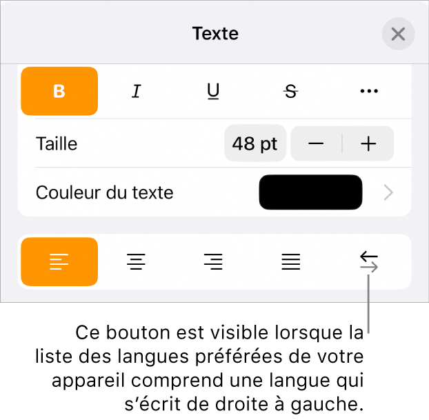Commandes de texte du menu Format avec le bouton De droite à gauche accompagné d’une légende.