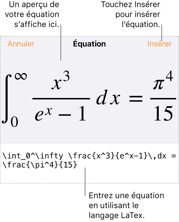 Zone de dialogue Équation, affichant une équation composée à l’aide des commandes LaTex et aperçu de la formule au-dessus.