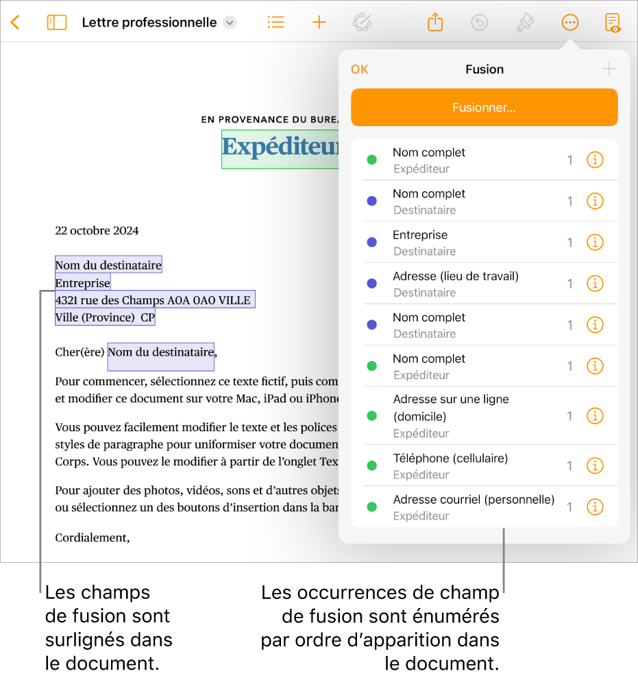 Document Pages avec champs de fusion de destinataire et d’expéditeur, et la liste des instances de champs de fusion visible dans la barre latérale Document.