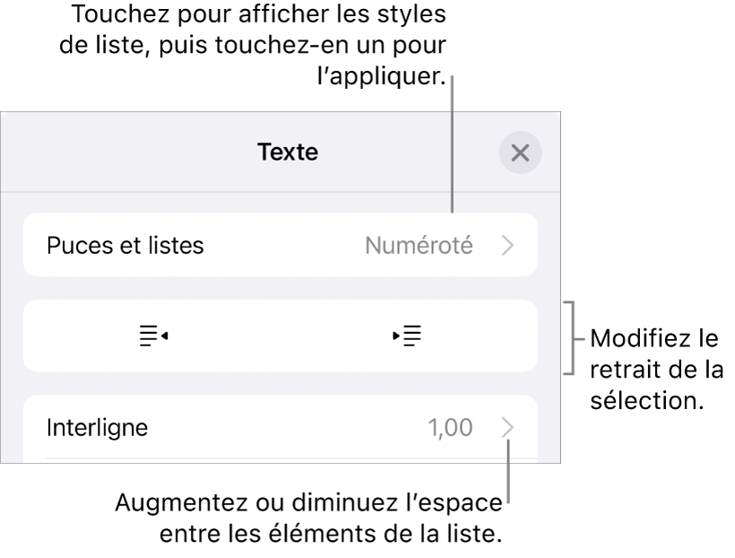 La section Puces et listes des commandes Format avec des légendes indiquant le menu Puces et listes, les boutons de retrait ou de suppression du retrait, et les commandes d’interligne.