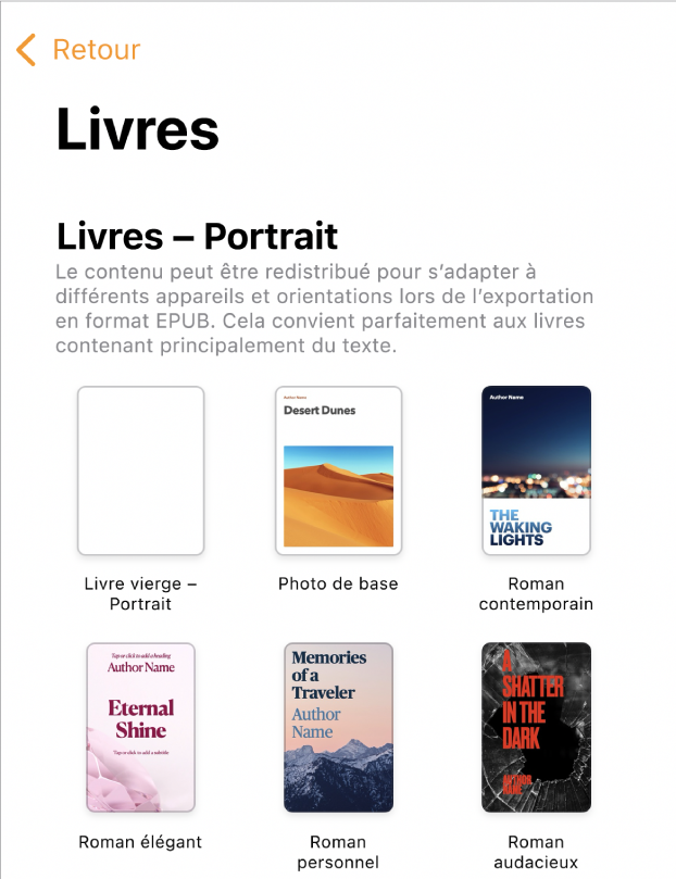 Le sélecteur de modèles avec modèles de livre en orientation Portrait au-dessus et en orientation Paysage en dessous.