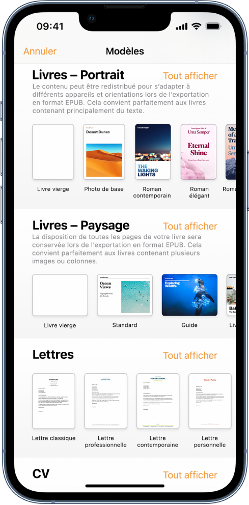 Le sélecteur de modèles avec modèles de livre en orientation Portrait au-dessus et en orientation Paysage en dessous.