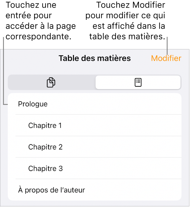 La présentation de la table des matières avec des titres dans une liste. Un bouton Modifier se trouve dans le coin supérieur droit, et les boutons Table des matières et Vignettes de page sont au bas de l’écran.