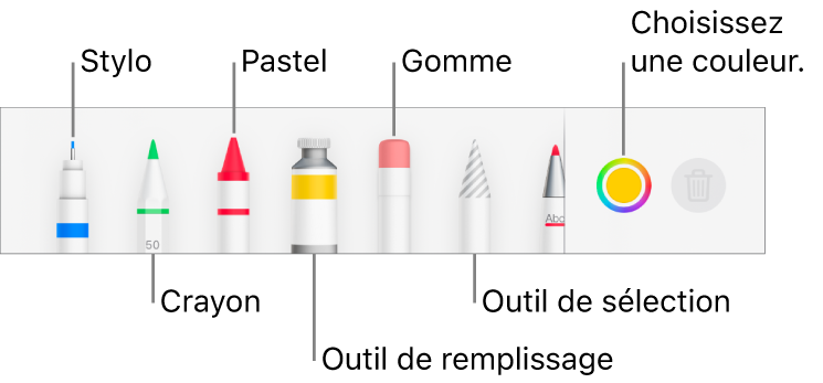 La barre d’outils de dessin dans Pages sur iPhone avec le stylo, le crayon, le pastel, l’outil de remplissage, la gomme, l’outil de sélection et le cadre de couleur indiquant la couleur actuelle.