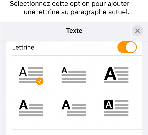 Les commandes Lettrine situées dans le menu Texte.