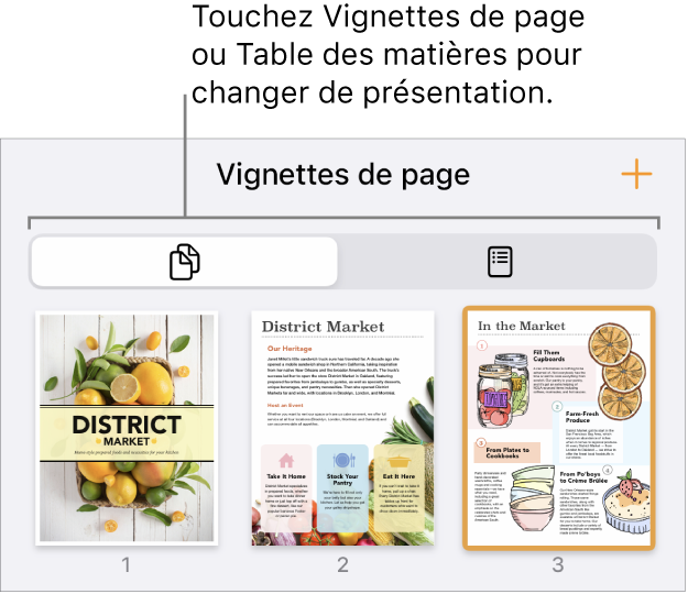 Présentation Vignettes de page avec des vignettes de chaque page. Un bouton Vignettes de page et un bouton Table des matières se trouvent en bas de l’écran.