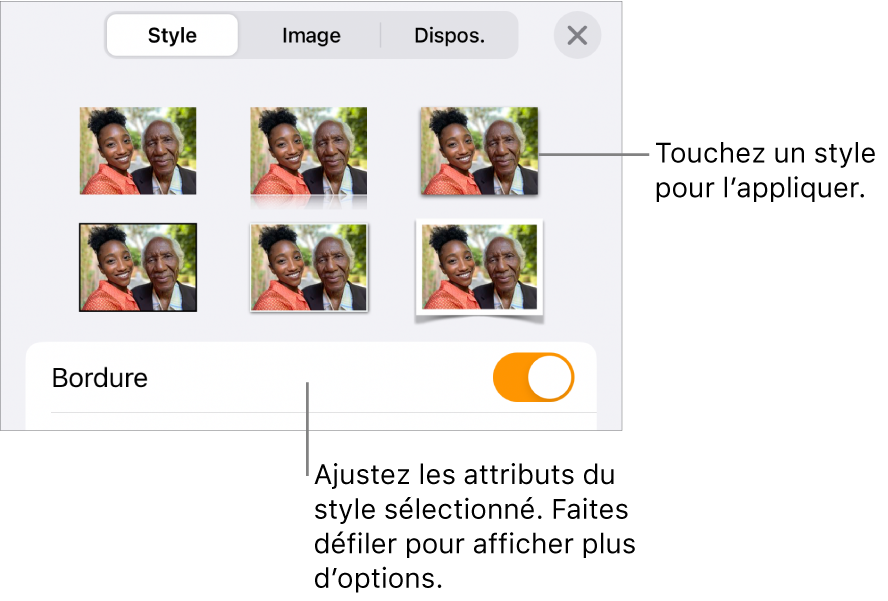 L’onglet Style du menu Format avec les styles d’objet en haut et une commande au-dessous pour modifier la bordure.