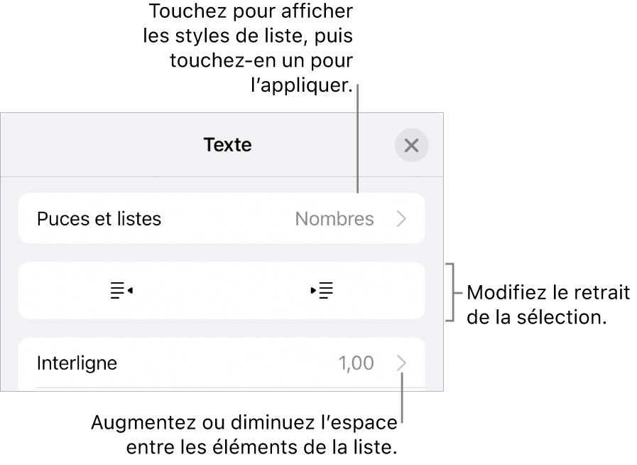 La section « Puces et listes » des commandes Format avec des légendes pour « Puces et listes », les boutons d’indentation et de suppression d’indentation et les commandes d’espacement entre les lignes.