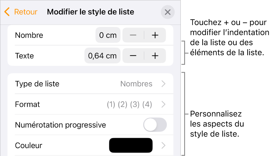 Le menu « Modifier le style de liste » avec des commandes d’espacement de l’indentation, de type et de format de liste, de numérotation progressive et d’espacement entre les lignes.