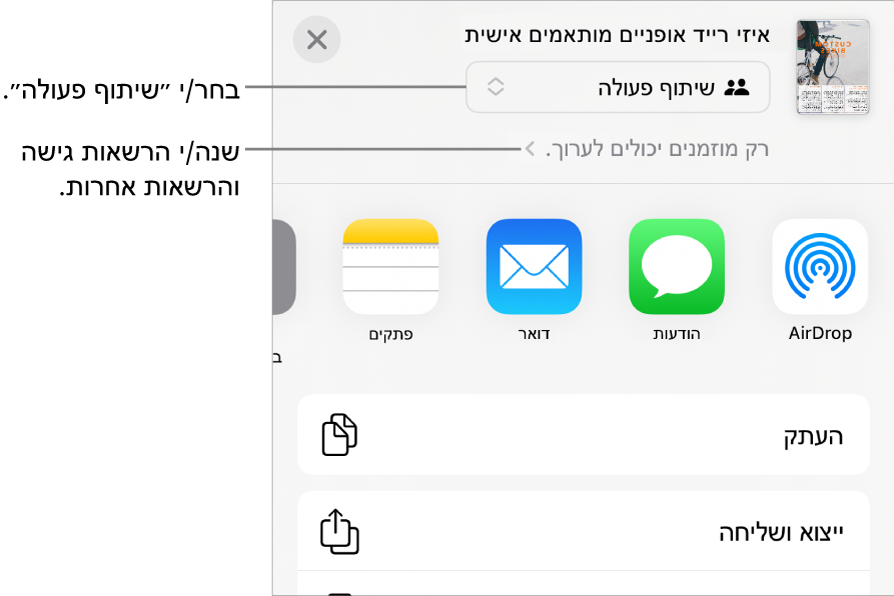 תפריט השיתוף כאשר האפשרות ״שיתוף פעולה״ נבחרת בחלק העליון ומתחתיה הגדרות הגישה וההרשאות.