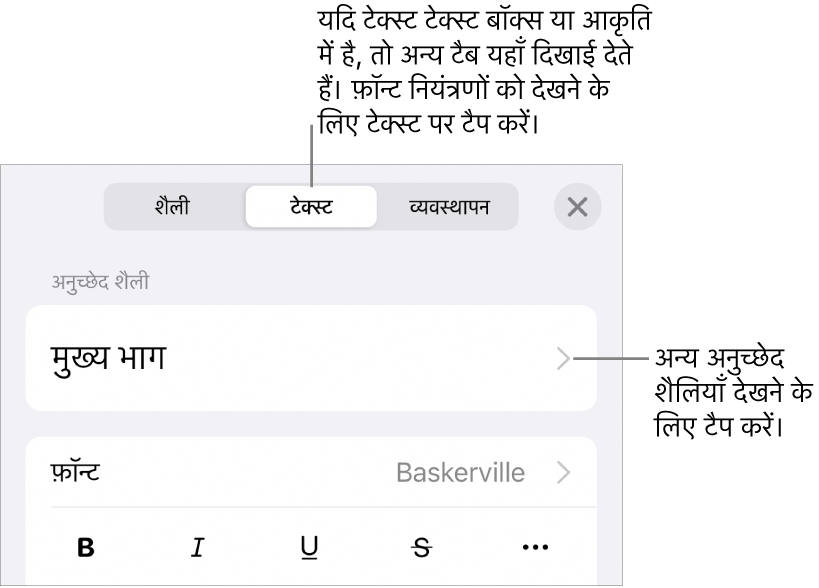 “फ़ॉर्मैट करें” मेनू में अनुच्छेद और वर्ण शैलियाँ, फ़ॉन्ट, आकार और रंग सेट करने के लिए टेक्स्ट नियंत्रण दिखाए जा रहे हैं।