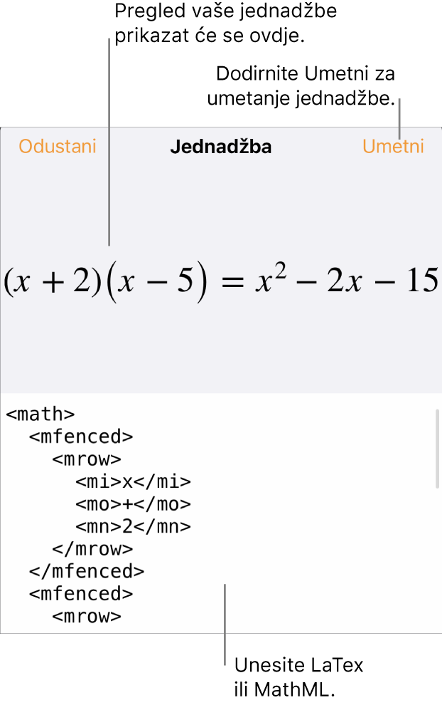 Dijaloški okvir Jednadžba koji prikazuje jednadžbu napisanu korištenjem MathML naredbi i prikaz gornje formule.