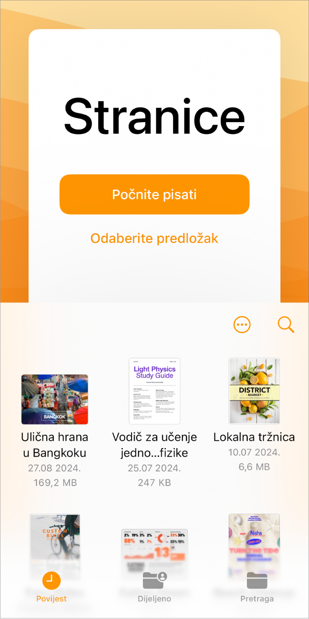 Upravitelj dokumentima aplikacije Pages s tipkama za početak tipkanja ili odabir predloška pri vrhu zaslona te s kontrolama za otvaranje spremljenih dokumenata pri dnu.