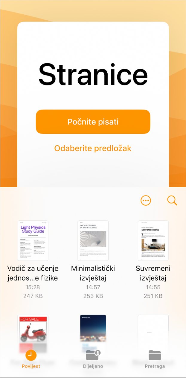 Zaslon dobrodošlice aplikacije Pages s opcijama za Počni pisati i Odaberi predložaj pri vrhu, s nedavnim dokumentima prikazanim pri dnu.