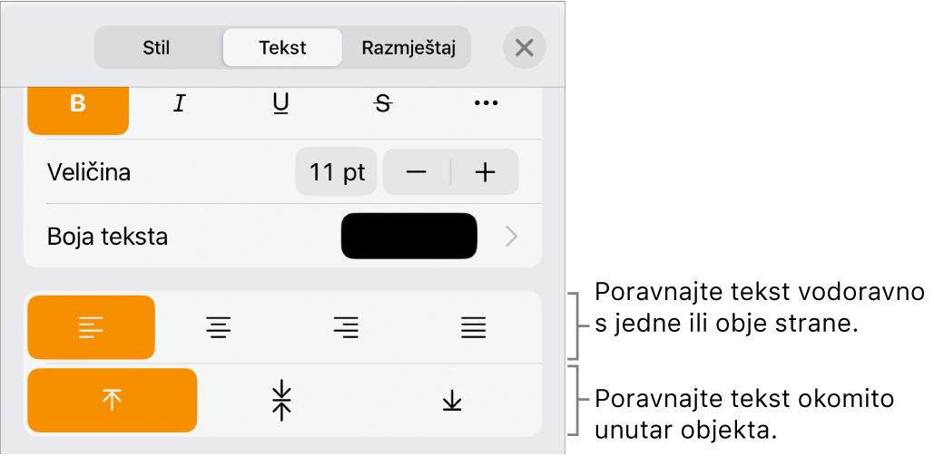 Prozor Raspored s balončićima za tipke za poravnanje teksta i razmak.