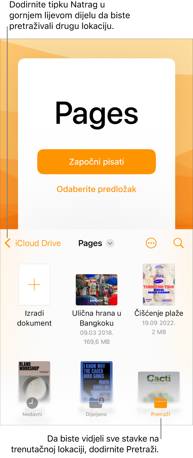 Prikaz pretraživanja upravljanja dokumentima s tipkom Natrag u gornjem lijevom kutu, a ispod njega nalazi se polje za pretraživanje. Ispod polja za pretraživanje nalazi se tipka Izradi dokument pokraj minijatura postojećih dokumenata. U gornjem desnom kutu nalaze se tipke Nedavne stavke, Podijeljeno i Pretraži.