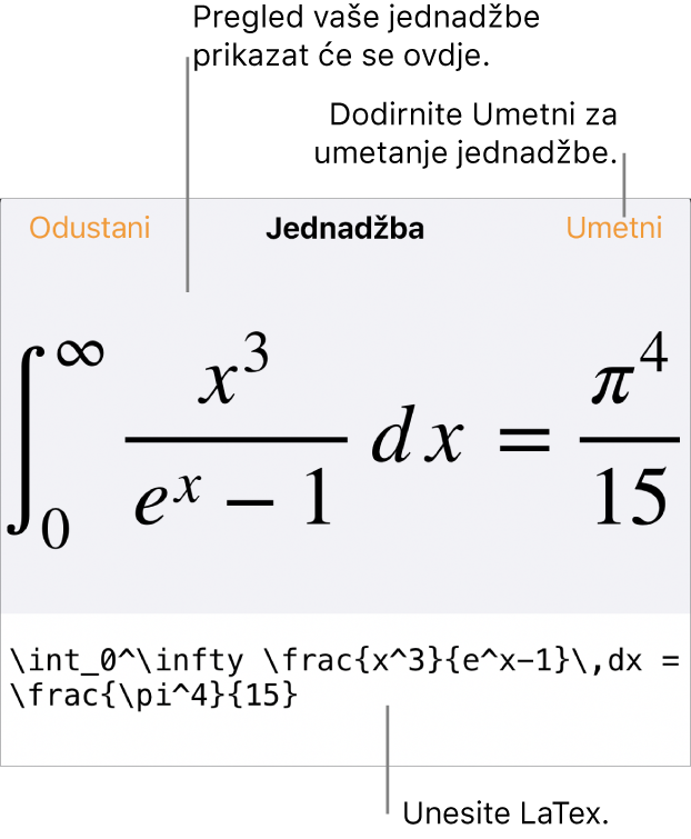 Dijaloški okvir Jednadžba koji prikazuje jednadžbu napisanu korištenjem LaTeX naredbi i prikaz gornje formule.
