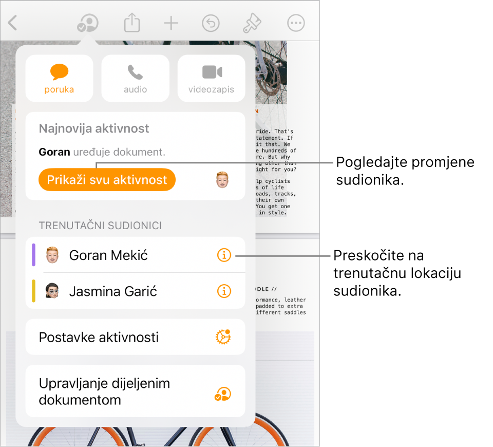 Izbornik suradnje s trenutačnim sudionicima na popisu.