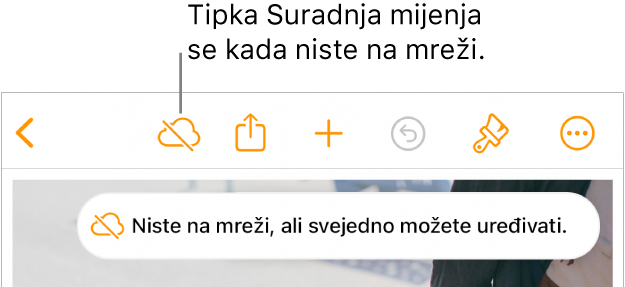 Tipke pri vrhu zaslona, s tipkom Suradnja koja se promijenila u oblak s dijagonalnom linijom kroz njega. U upozorenju na zaslonu piše “Niste na mreži, ali još uvijek možete uređivati.”