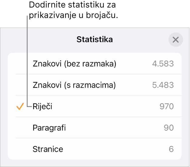Izbornik Statistički podaci prikazuje opcije za prikaz broja znakova bez razmaka i s razmacima, broj riječi, broj paragrafa i broj stranica.