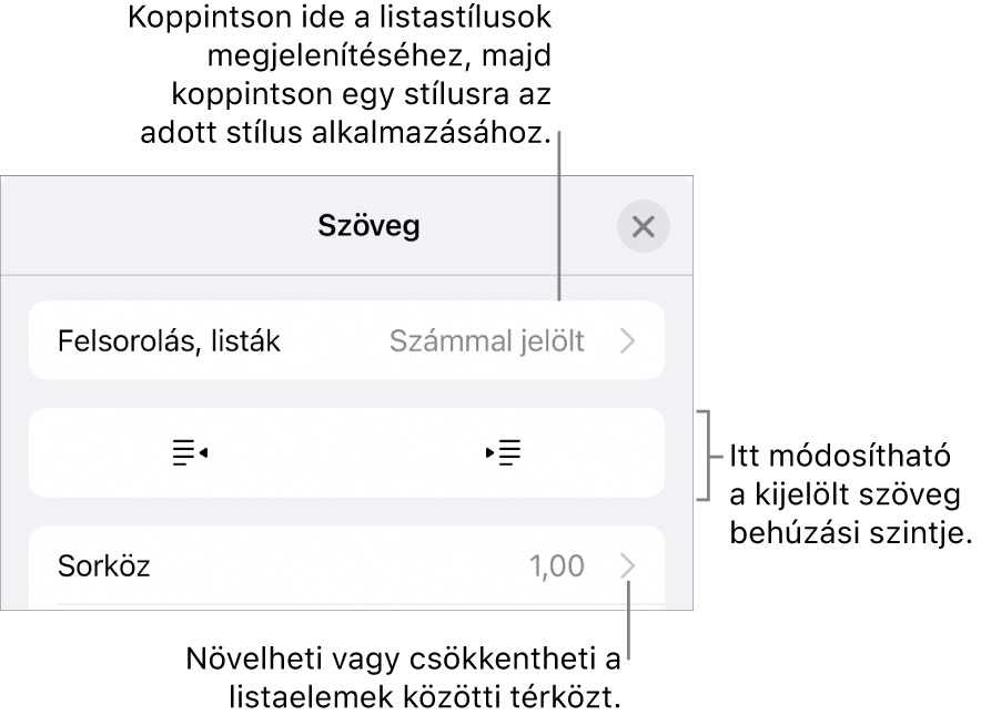 A Formátum vezérlők Felsorolások és listák része, a Felsorolásokat és a listákat, a kihúzás és a behúzás gombokat, valamint a sor térköz vezérlőket jelölő feliratokkal.