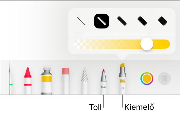 Az Intelligens annotáció eszköz menüje a toll és kijelölő gombokkal, a vonalszélesség beállításaival és az átlátszóság csúszkával.