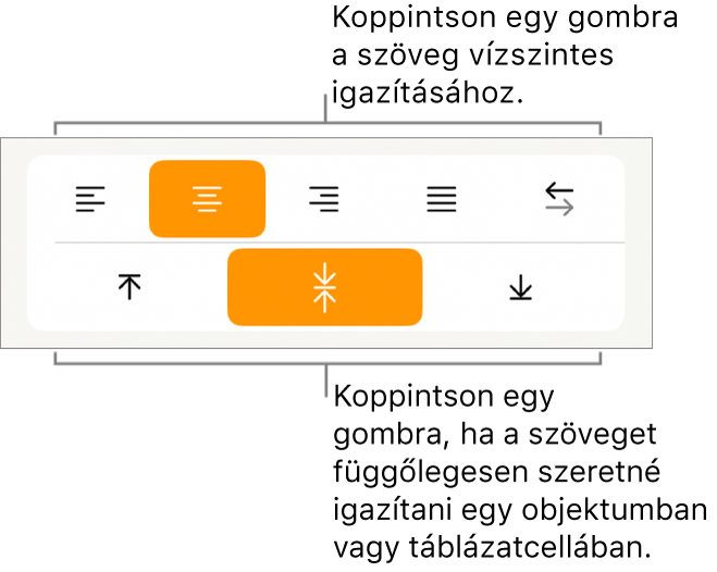 A szövegek vízszintes és függőleges igazítására szolgáló gombok.
