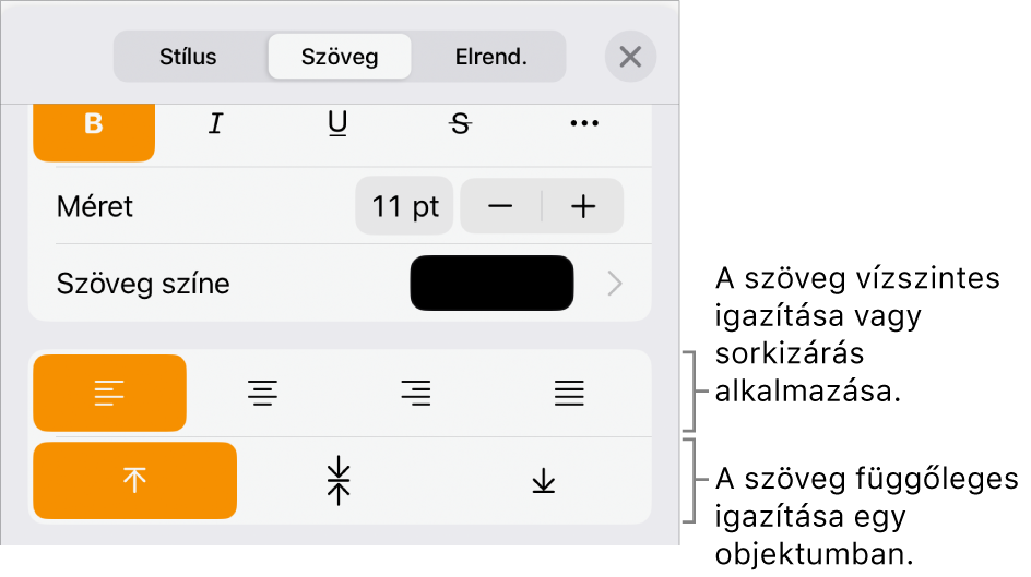 Az Elrendezés panel a szövegigazítási és térköz-beállítási gombokat ismertető feliratokkal.