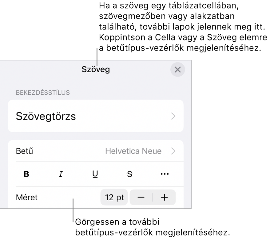 A Formátum menü szövegvezérlői a bekezdés és a karakterek stílusának, betűtípusának, méretének és színének beállításához.