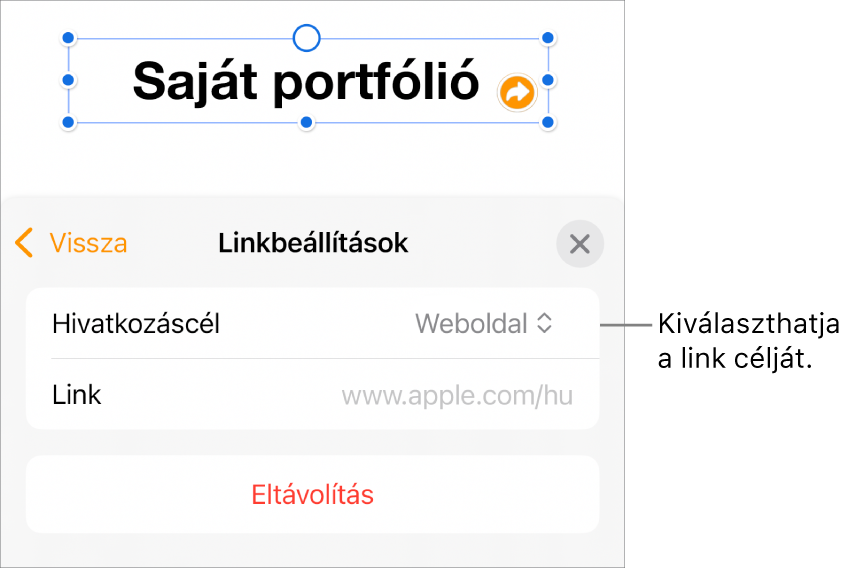 A Linkbeállítások vezérlői a kijelölt Weboldal elemmel, illetve az alul megjelenő Eltávolítás gombbal.