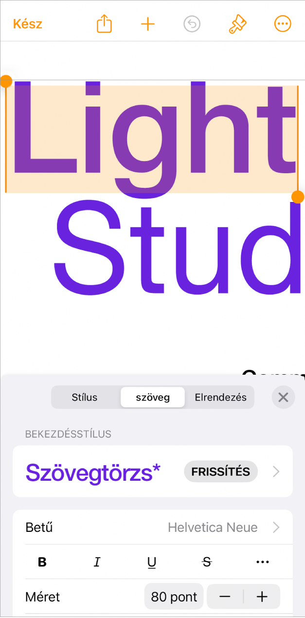Egy megnyitott dokumentum kijelölt szöveggel és az alsó részen megjelenített szövegbeállításokkal.