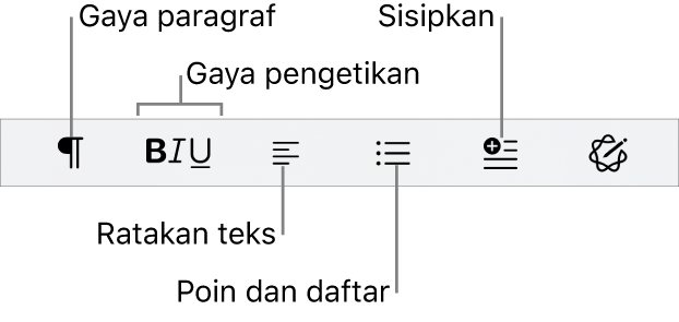 Bar Format Cepat, menampilkan ikon untuk gaya paragraf, gaya pengetikan, perataan teks, poin dan daftar, dan menyisipkan elemen.