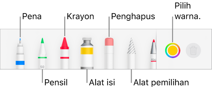 Bar alat gambar di Pages di iPhone dengan alat pena, pensil, krayon, isi, penghapus, alat pemilihan, dan bidang warna yang menampilkan warna saat ini.