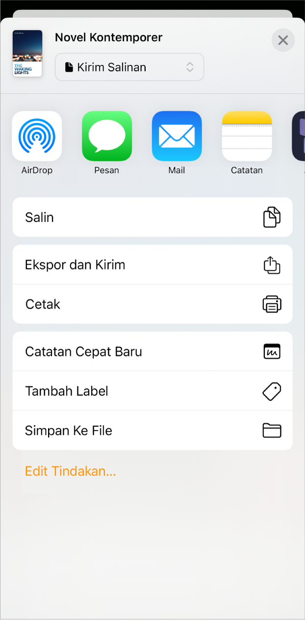 Menu Bagikan muncul, dengan pilihan kirim di bagian atas, dan pilihan Salin, Ekspor dan Kirim, Cetak, Catatan Cepat Baru, Tambah Label, dan Simpan ke File di bawah.