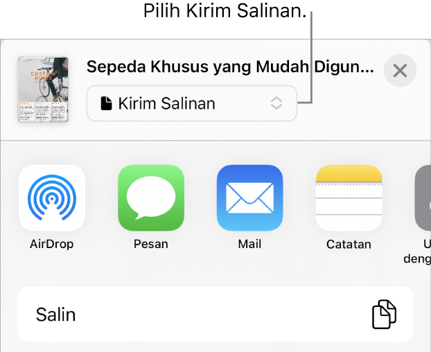 Menu Bagikan dengan Kirim Salinan dipilih di bagian atas.