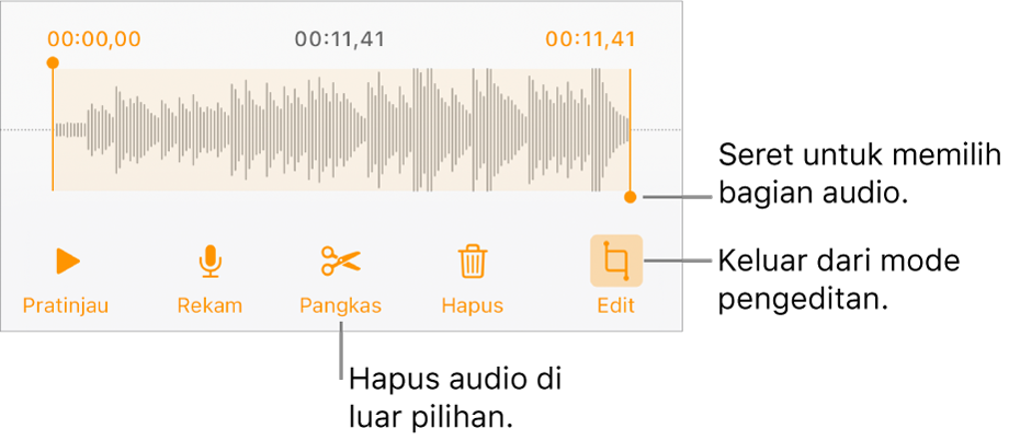 Kontrol untuk mengedit audio yang direkam. Pengendali mengindikasikan bagian rekaman yang dipilih, dan tombol Pratinjau, Rekam, Pangkas, Hapus, dan keluar dari Mode Edit berada di bawah.