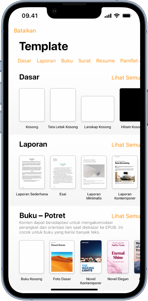 Pemilih template, menampilkan baris kategori di sepanjang bagian atas yang dapat Anda ketuk untuk memfilter pilihan. Di bawah terdapat gambar mini template yang didesain sebelumnya yang diatur dalam baris menurut kategori, dimulai dengan Baru di bagian atas dan diikuti dengan Terbaru dan Dasar. Tombol Lihat Semua muncul di atas dan di sebelah kanan setiap baris kategori.