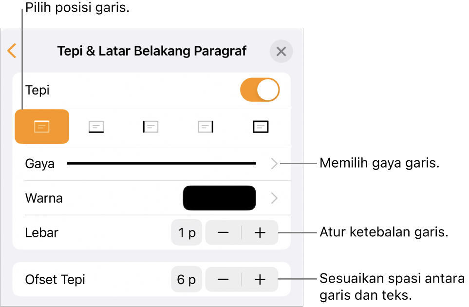 Kontrol untuk mengubah gaya, ketebalan, posisi, dan warna garis.