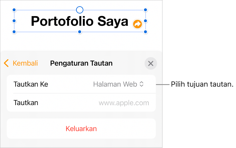 Kontrol Pengaturan Tautan dengan Halaman Web dipilih, dan tombol Hapus di bagian bawah.