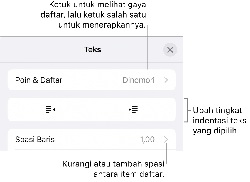 Bagian Poin & Daftar dari kontrol Format dengan keterangan ke Poin & Daftar, tombol indentasi luar dan indentasi dalam, serta kontrol spasi baris.