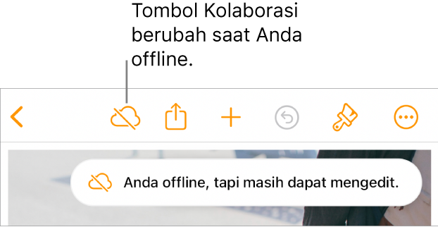 Tombol di bagian atas layar, dengan tombol Kolaborasikan berubah menjadi awan dengan garis diagonal melaluinya. Peringatan di layar bertuliskan “Anda offline tapi masih dapat mengedit”.