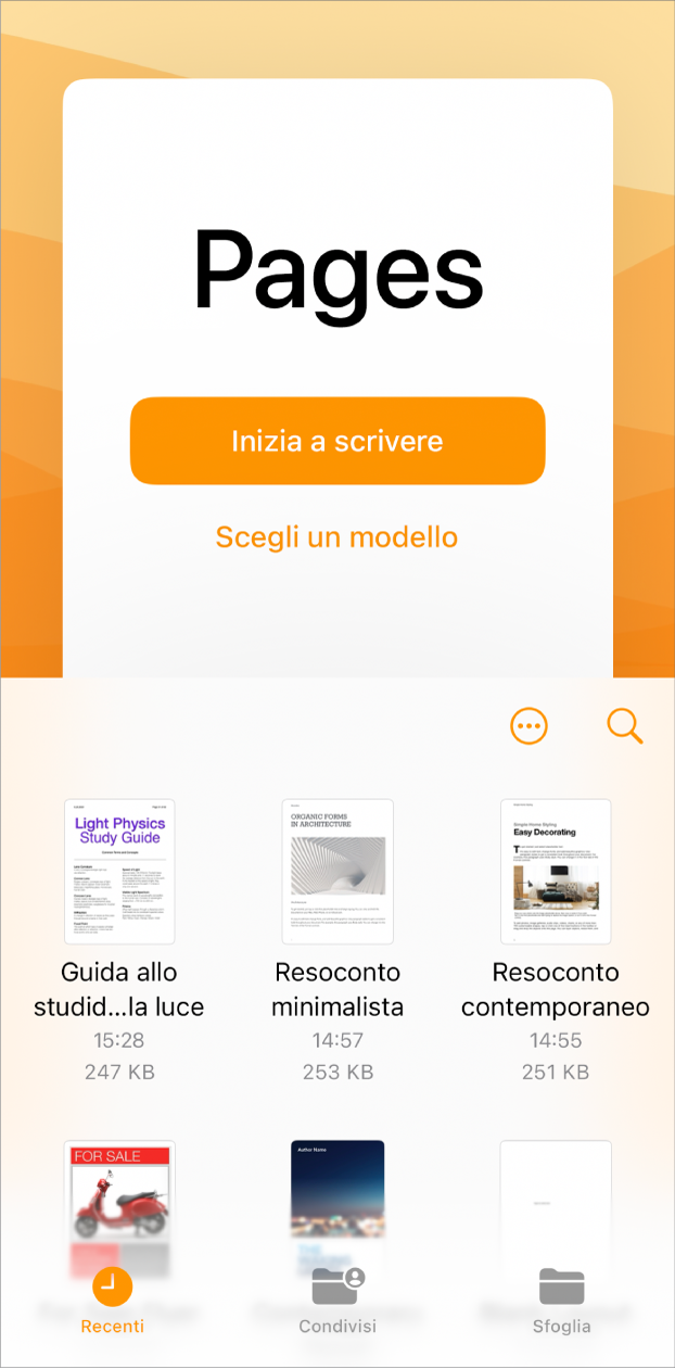 Schermata di benvenuto di Pages con le opzioni “Iniziare a scrivere” e “Scegliere un modello” nella parte superiore e i documenti recenti visualizzati nella parte inferiore.