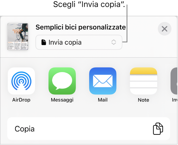 Il menu Condividi con l’opzione “Invia copia” selezionata in alto.