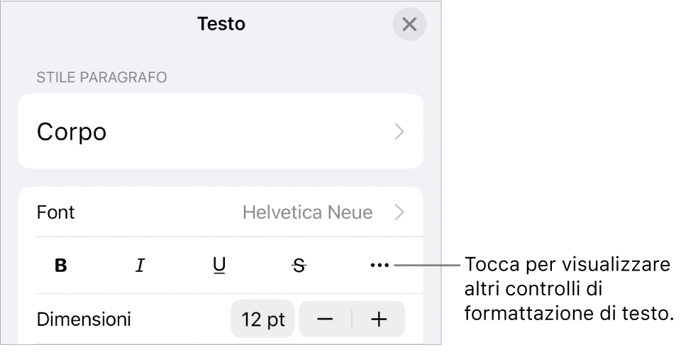 Il pannello Testo dei controlli di Formattazione con una didascalia per il pulsante “Altre opzioni di testo”.