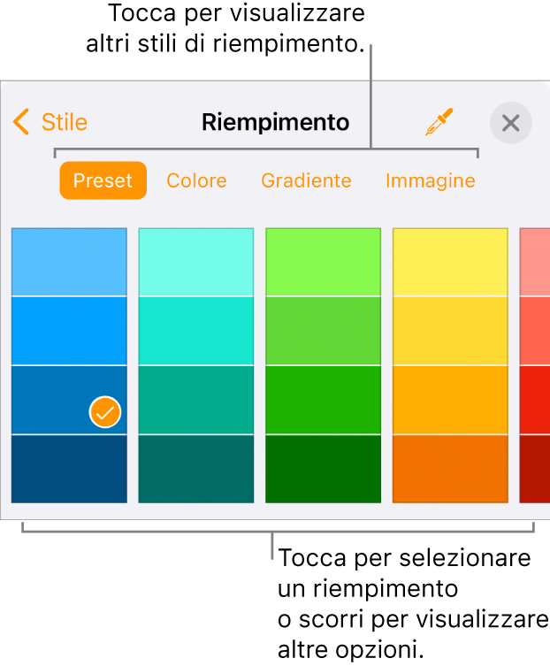 Opzioni di riempimento nel pannello Stile del pulsante Formato.