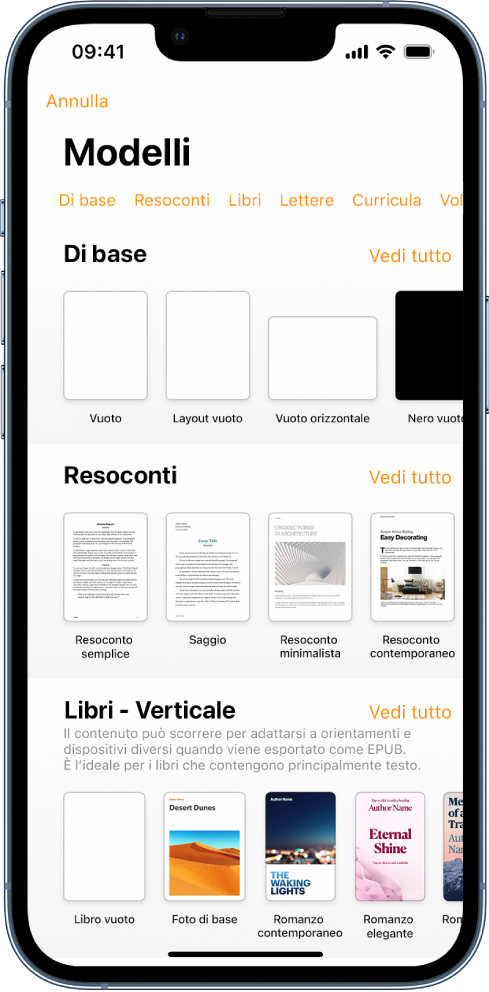 “Scelta modelli”, in cui è visibile una riga di categorie nella parte superiore dello schermo che puoi toccare per filtrare le opzioni. Sotto ci sono delle miniature di modelli con design predefinito disposti in riga per categoria, a partire da Nuovo in cima e seguiti da Recenti e “Di base”. Viene visualizzato un pulsante “Vedi tutto” in alto e a destra di ciascuna riga della categoria.